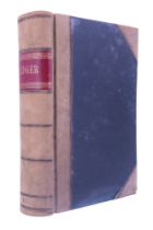 A late 19th / early 20th century half calf bound ledger, containing later entries, 29 cm x 39 cm x 8