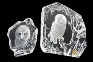 A Mats Jonasson of Sweden glass intaglio owl ornament together with a similar example by Goebel,