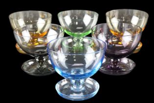 A set of six variously coloured glass sundae dishes, 10 x 9 cm
