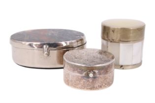 A silver diminutive pill box together with a mother-of-pearl electroplate mounted example and one