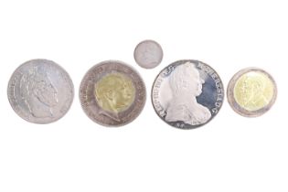 A group of silver coins, comprising a Maria Theresa 1780 Austrian one thaler, a William II 1893 five