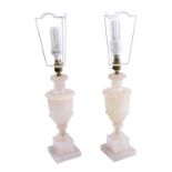 A pair of George Vl alabaster table lamps with shades, 41 cm to socket