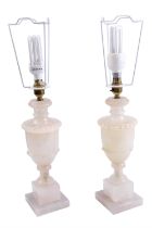 A pair of George Vl alabaster table lamps with shades, 41 cm to socket