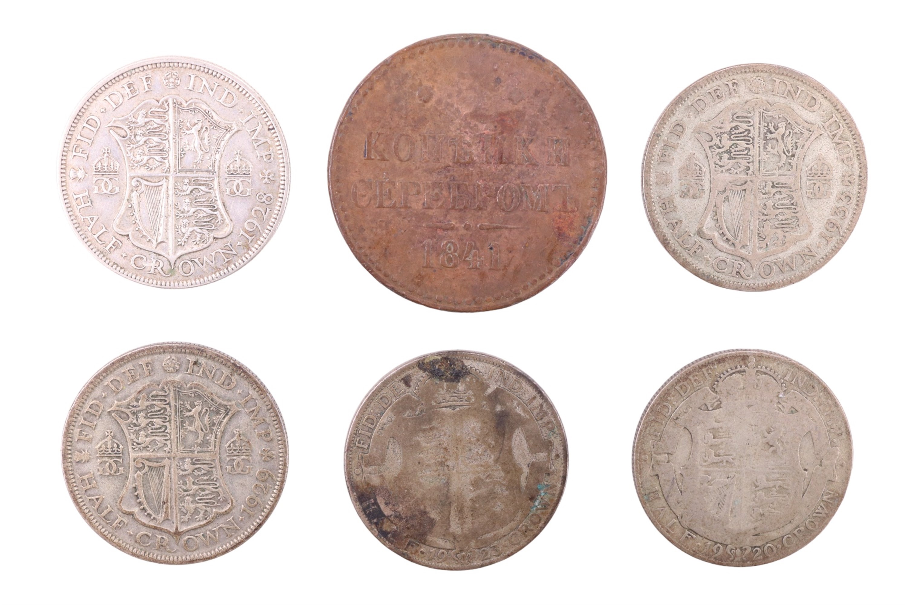 Five pre-1947 silver crowns together with an 1839 three kopeks coin, and a group of GB coins - Image 5 of 5