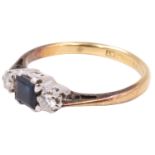 A diamond and sapphire finger ring, having a 4 mm square cut blue sapphire between two 3 mm