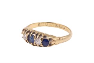 A George V sapphire and diamond finger ring, having two 2.5 mm old cut diamonds, line set between