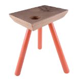 A contemporary plywood and painted wood three leg stool by Oliver design, branded HTML to the