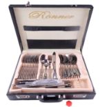 A Rönner stainless steel cutlery service in a briefcase canteen, 44 x 31.5 x 9 cm, (one latch a/f)