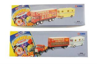 Two Corgi Chipperfields Circus die-cast wagons, Scammell highwayman trailer and caravan, Foden