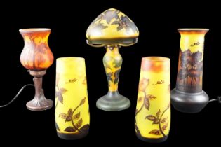 A group of late 20th Century reproduction Galle Art Nouveau cameo glass, comprising two table