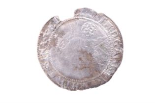 An Elizabeth I silver sixpence coin, 5th issue, Greek cross Tower Mint mark
