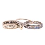 Two 9 ct gold and yellow metal finger rings, a stud earring together with silver eternity ring, (all