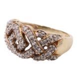 A contemporary diamond interlace dress ring, having adorse interlaced openwork, line set with 44