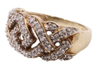 A contemporary diamond interlace dress ring, having adorse interlaced openwork, line set with 44