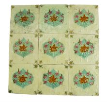 Nine late 19th / early 20th Century hearth tiles, 15 x 15 cm