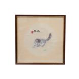 A Chinese depiction of a cat watching a grasshopper, embroidery on silk, signed, mid 20th Century,