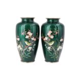 A pair of Japanese cloisonné shouldered vases each oviform and decorated in depiction of a finch