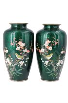 A pair of Japanese cloisonné shouldered vases each oviform and decorated in depiction of a finch