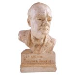 A plaster bust of Sir Winston Churchill bearing the inscription "Let Us Go Forward Together",