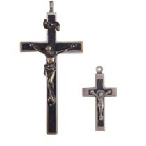Two early 20th Century crucifixes, ebony and nickel-plated, 9 cm x 4 cm largest