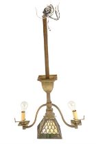 An American reproduction brass and stained glass combined electrolier and gassolier, 74 cm