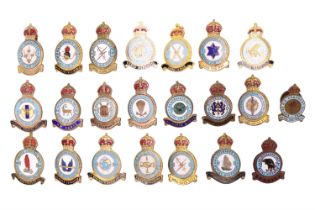 A large collection of RAF squadron lapel badges, each having pre-1953 King's crown