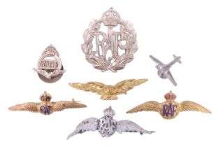 An RAF white metal cap badge, sweetheart brooches etc