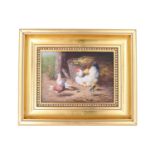 Two picturesque farmstead studies depicting chickens, oil on board, uniformly framed in gilt frames,