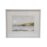 Cooke (late 20th Century) A study of a bay with rolling hills, pastoral fields and mountains beyond,