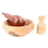 A turned ash wood fruit bowl together with a yew-wood pear and a small vase, bowl diameter 16 cm