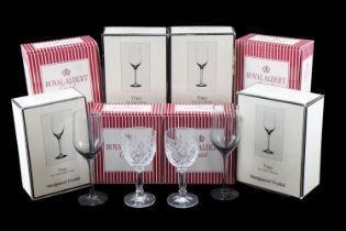 Eight boxed Wedgwood 'Theo' design champagne / wine glasses and eight boxed Royal Albert '