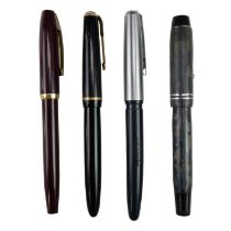 Four vintage fountain pens including Parker and Platignum