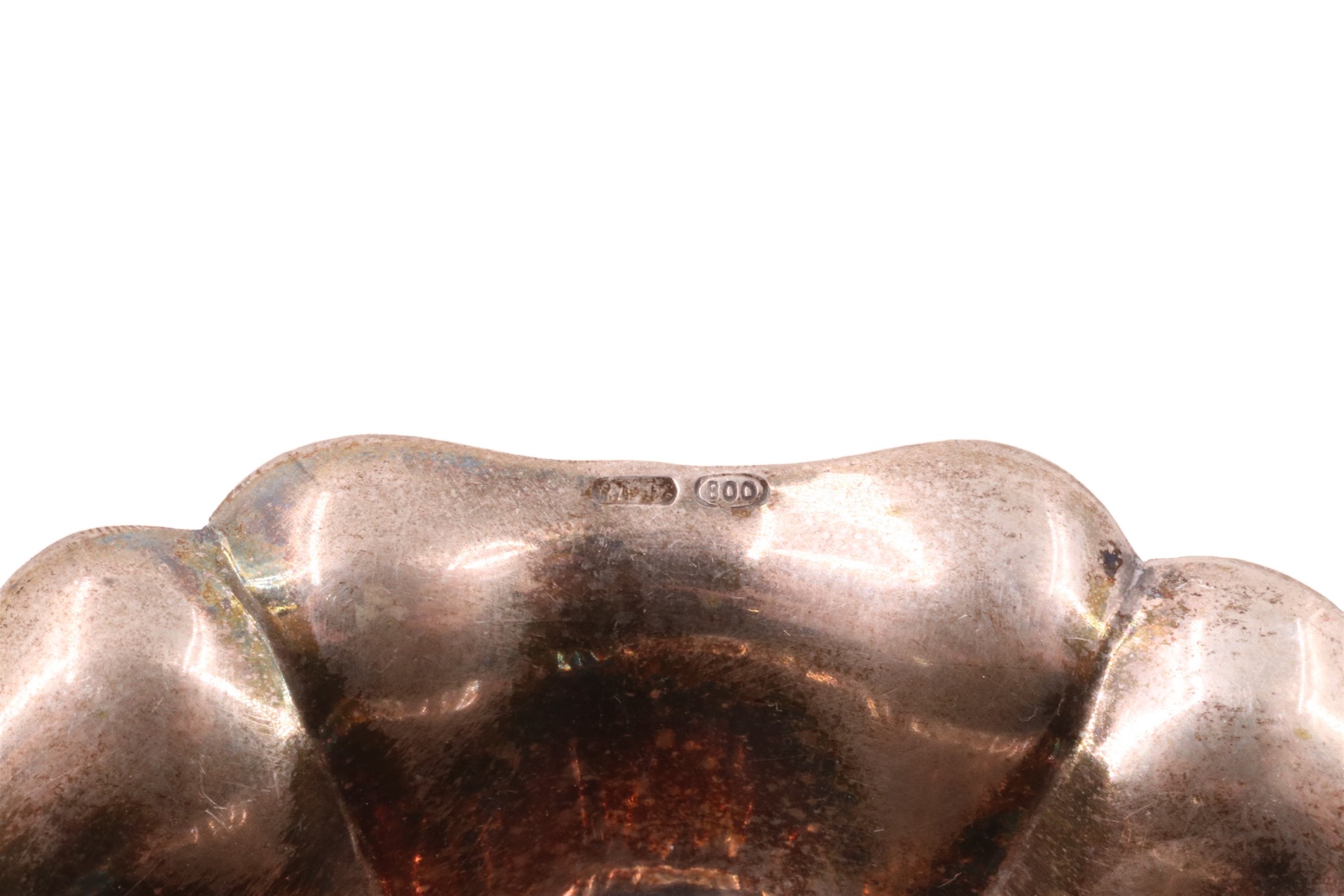 A mid-to-late 20th Century white metal bon-bon dish, having lobed sides raised on four feet, - Image 3 of 3