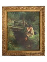 J Burn A summer view of a boy fishing beside a wooden bridge, his legs dangling over the brook