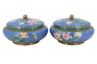 A pair of 20th Century Chinese cloisonné covered bowls, 22 cm x 23 cm