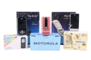 Five boxed vintage mobile telephones together with four others, including Nokia, Motorola, etc