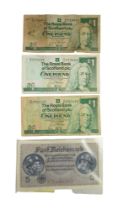 A Dad's Army five reichsmark banknote together with three The Royal Bank of Scotland one pound