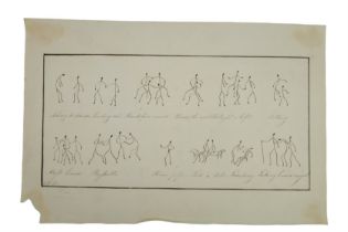An early Victorian pen-and-ink humorous annotated "stick man" sketch describing the circumstances of