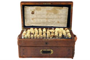 Queen Alexandra's personal travelling medicine chest, comprising a leather-bound oak chest fitted