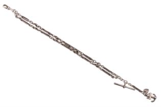 An early 20th Century silver fetter link watch chain, comprising a double chain between T-bar and