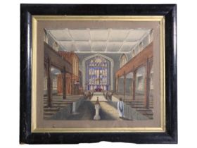 Miss Gale ****** A draughtsman-like interior study of a church with a clergyman looking towards