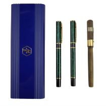 A Mabie Todd Swan Vulcanite fountain pen, circa 1920s, together with a cased Waterman "malachite"