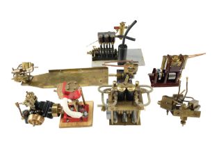 Eight late 20th Century static model live steam engines, comprising two single, five twin and a