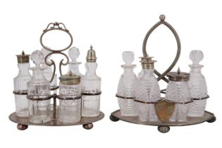 Two electroplate mounted cut glass cruet sets in stands, late 19th / early 20th Century