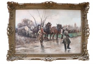 Rosemary Sarah Welch (b.1946) "Hauling Timber", a study of two men leading four dray horses