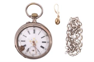 A continental .800 standard white metal open faced pocket watch, a white metal belcher link neck