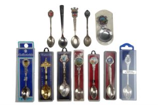 A Ravenglass & Eskdale Railway caddy spoon together with a group of electroplated and stainless