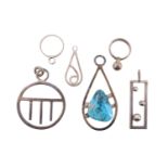 Six items of Modernist white metal jewellery, comprising three pendants, including turquoise set,