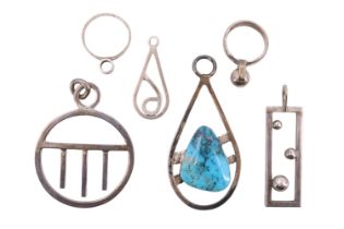 Six items of Modernist white metal jewellery, comprising three pendants, including turquoise set,