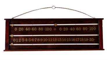 A late 20th Century mahogany snooker / billiards scoreboard, together with eight cues, including one
